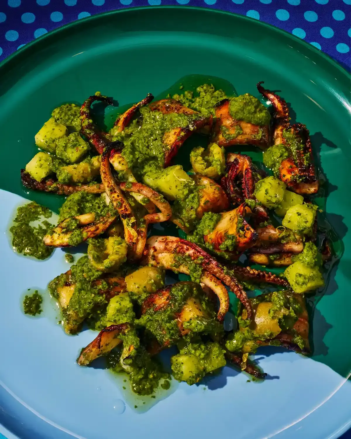 Grilled Squid With Potatoes, Olives, and Green Harissa