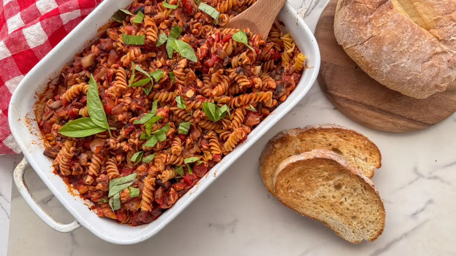 High-Protein Vegan Pasta Bake Uses Tempeh and Mushrooms