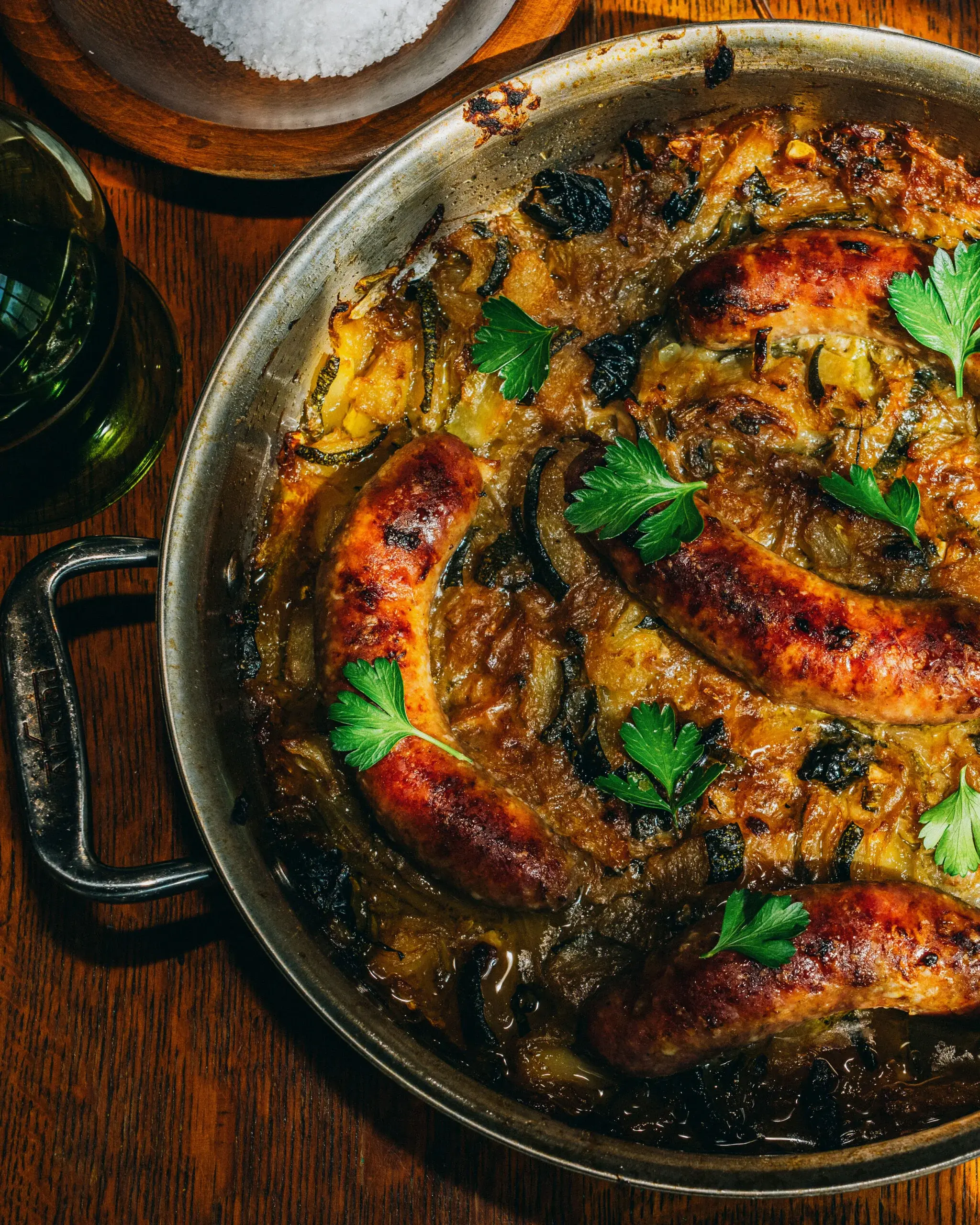One-Pan Pork Brats with Caramelized Onions and Zucchini