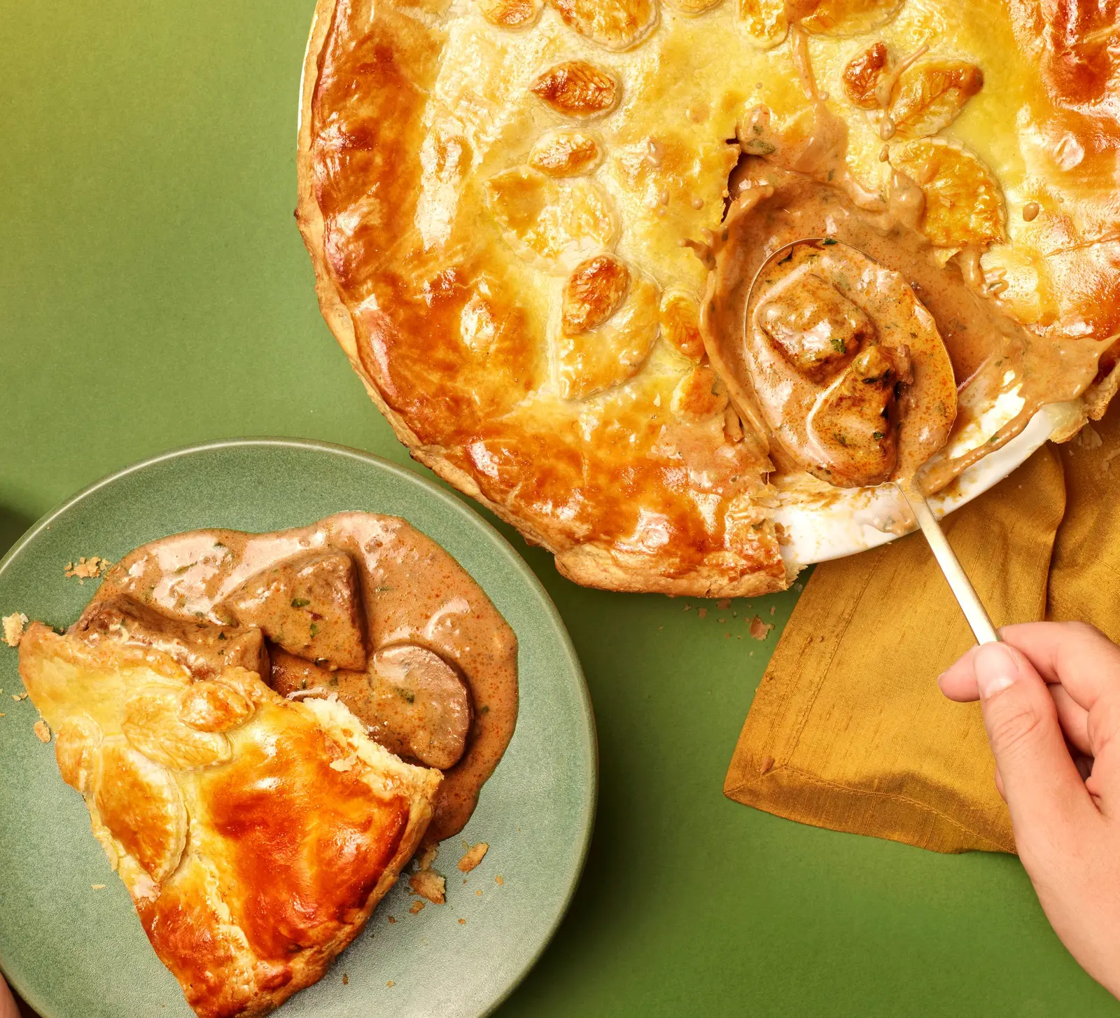 Slow-cooked meat pie and leafcake