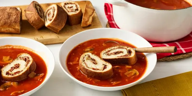 Cozy Pizza Soup Paired With Cheesy Pepperoni Rolls