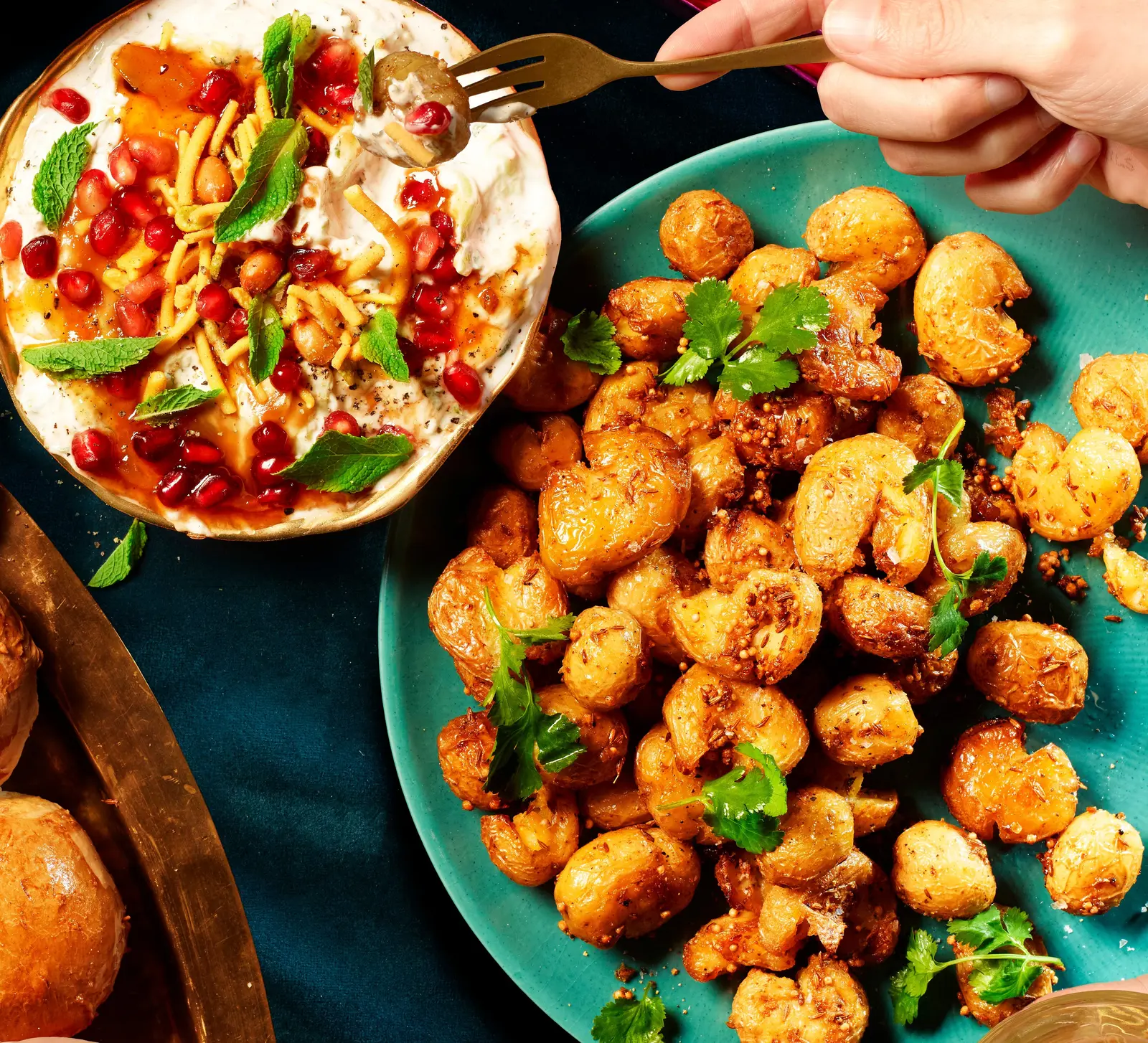 Layered Indian-style Dip with Smashed Cumin Potatoes